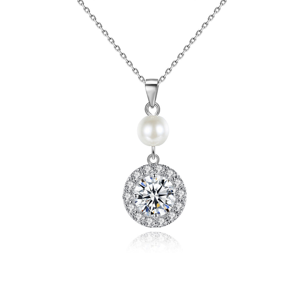 Crystal and Pearl Silver-Plated Round Pendant Necklace, silver pendant necklace for women, front view