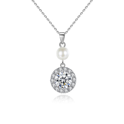 Crystal and Pearl Silver-Plated Round Pendant Necklace, silver pendant necklace for women, front view