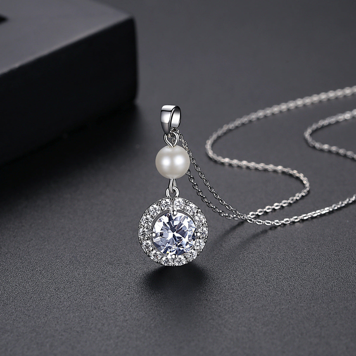 Crystal and Pearl Silver-Plated Round Pendant Necklace, silver pendant necklace for women, vintage-inspired design, side view