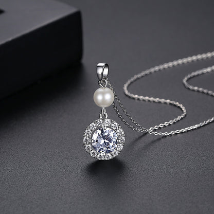 Crystal and Pearl Silver-Plated Round Pendant Necklace, silver pendant necklace for women, vintage-inspired design, side view