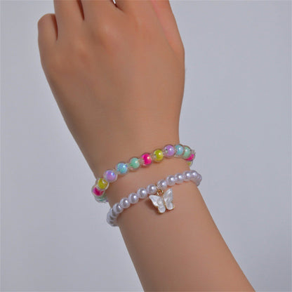 Pearl and Acrylic 18K Gold-Plated Butterfly Charm Stretch Bracelet Set, jewelry gift sets for women, front view