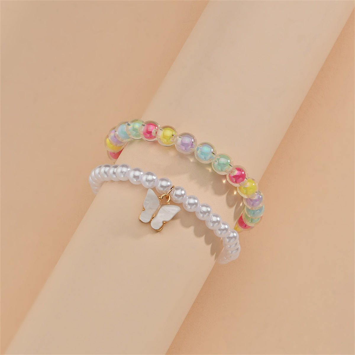 Pearl and Acrylic 18K Gold-Plated Butterfly Charm Stretch Bracelet Set, jewelry gift sets for women, side view