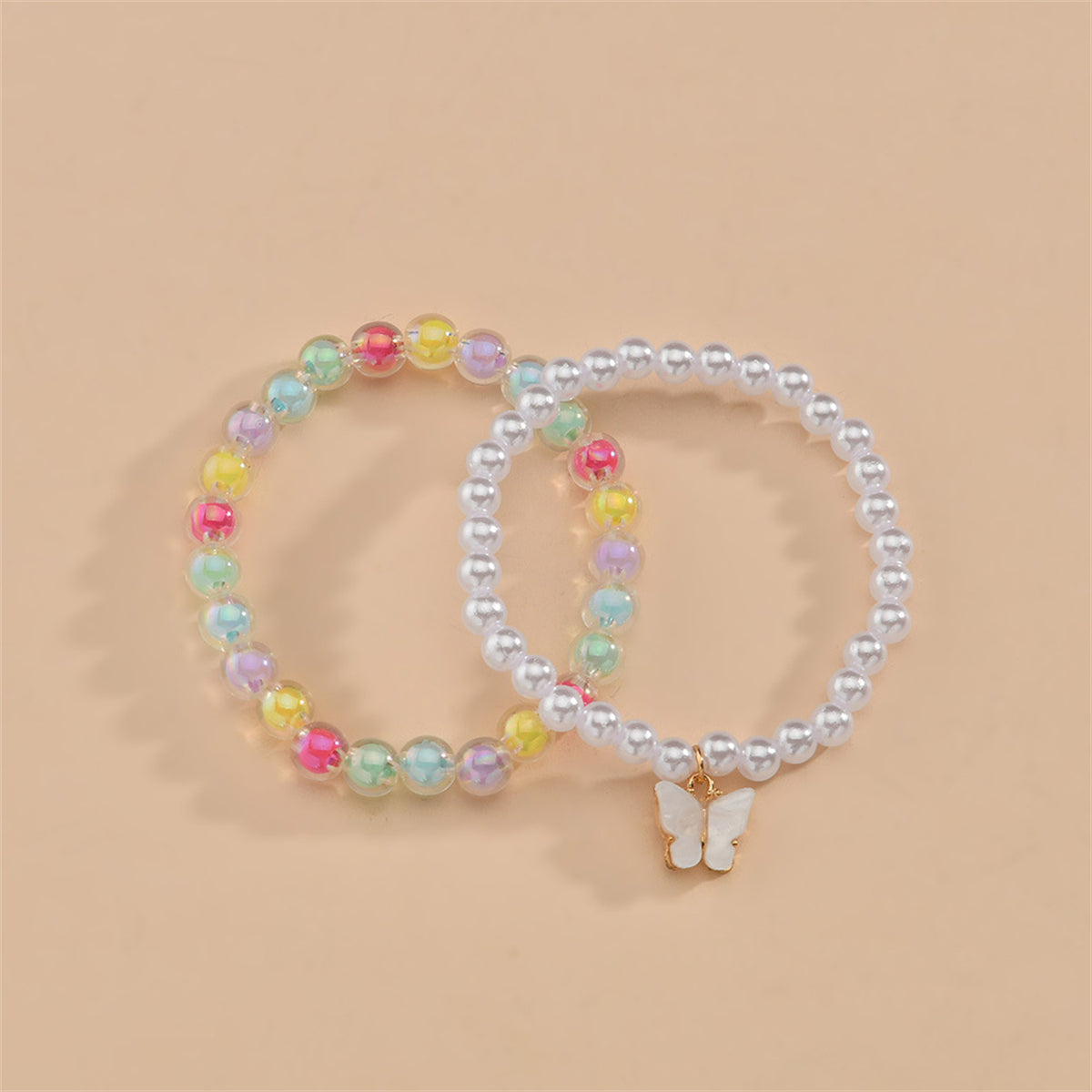 Two elegant bracelets with colorful beads and a butterfly charm, featuring a luxurious 18K gold-plated finish for added style.