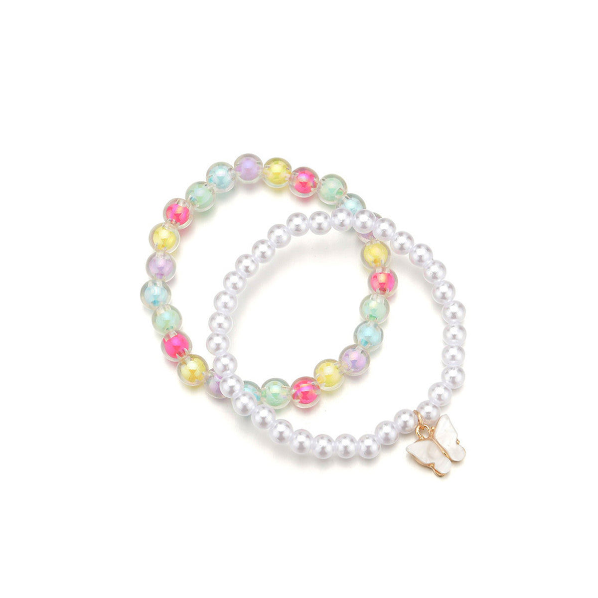 A stylish set of two bracelets with vibrant beads and a butterfly charm, designed with 18K gold plating for a sophisticated look.