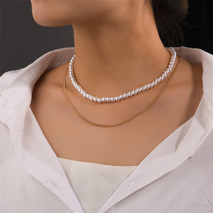 Pearl and 18K Gold-Plated Layered Necklace, gold pendant necklace for women, everyday style, front view