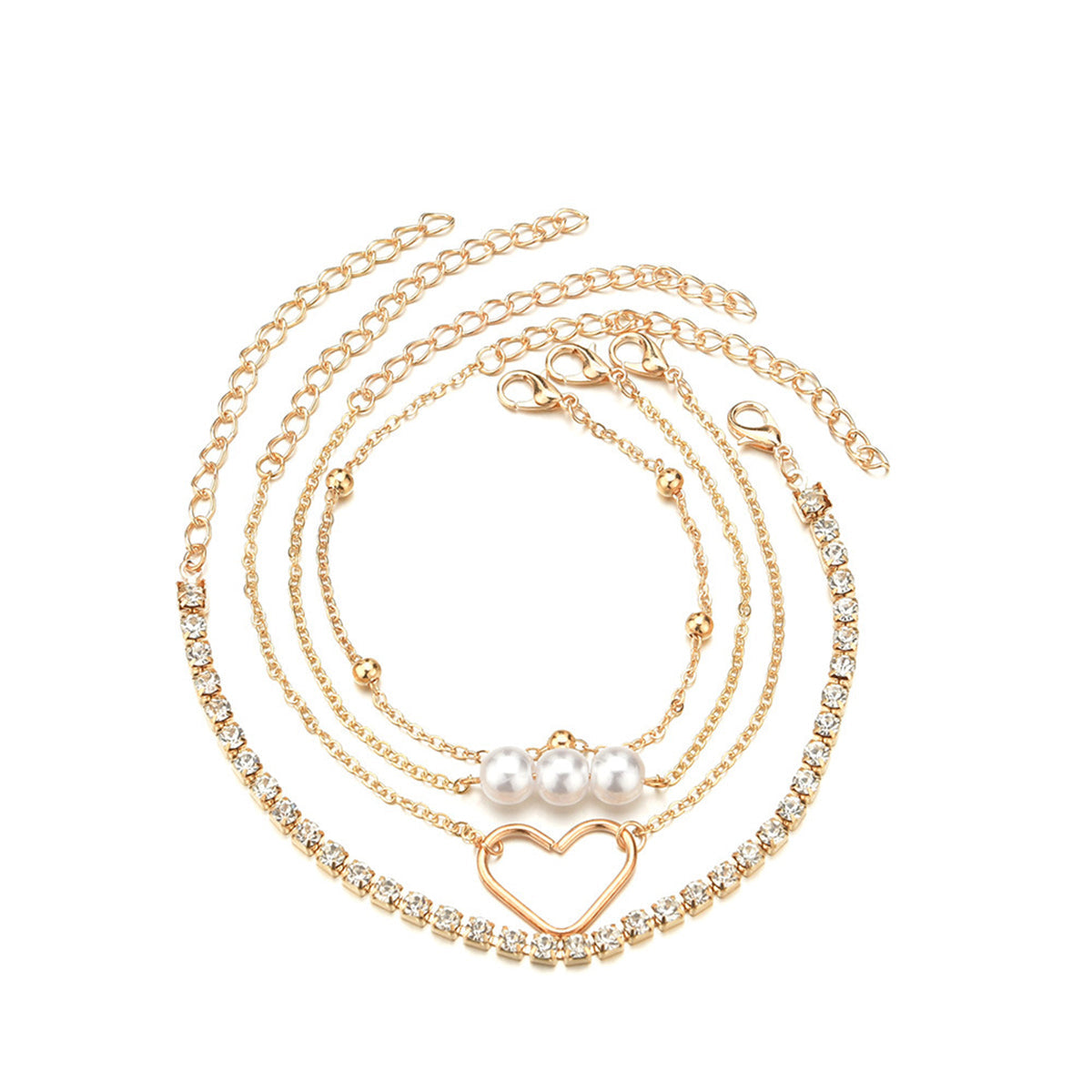 Three exquisite gold chains embellished with pearls and heart charms, alongside a chic 18K gold-plated tennis bracelet set.