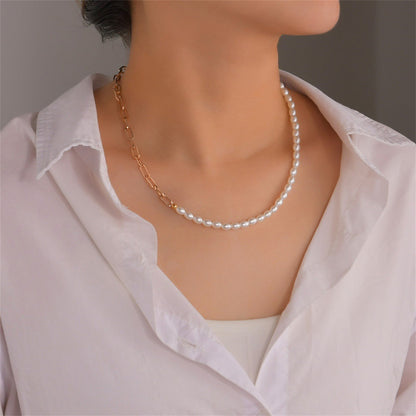 Pearl and 18K Gold-Plated Chain Link Necklace, gold pendant necklace for women, elegant gift for her, front view
