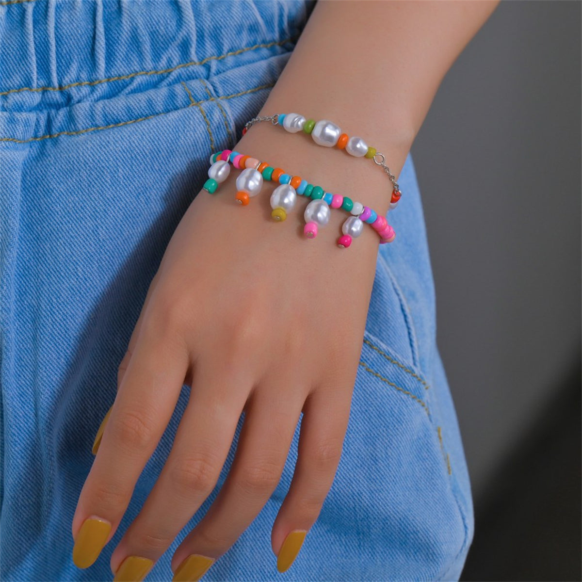 Multicolor Howlite and Pearl Silver-Plated Stretch Bracelet Set, jewelry gift sets for women, front view