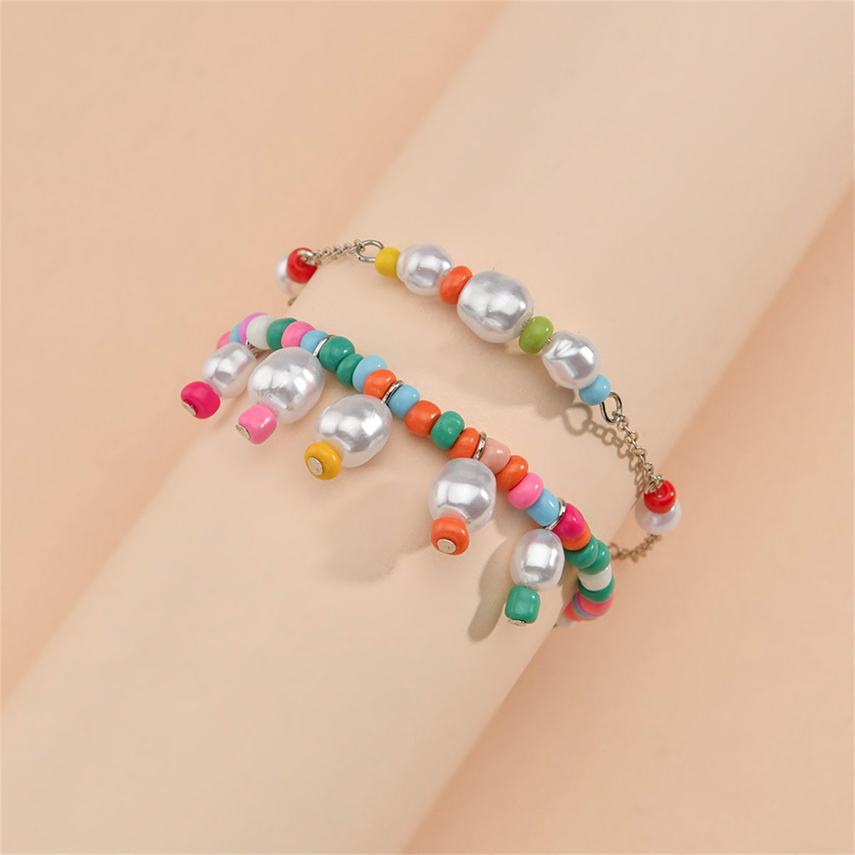 Multicolor Howlite and Pearl Silver-Plated Stretch Bracelet Set, jewelry gift sets for women, side view