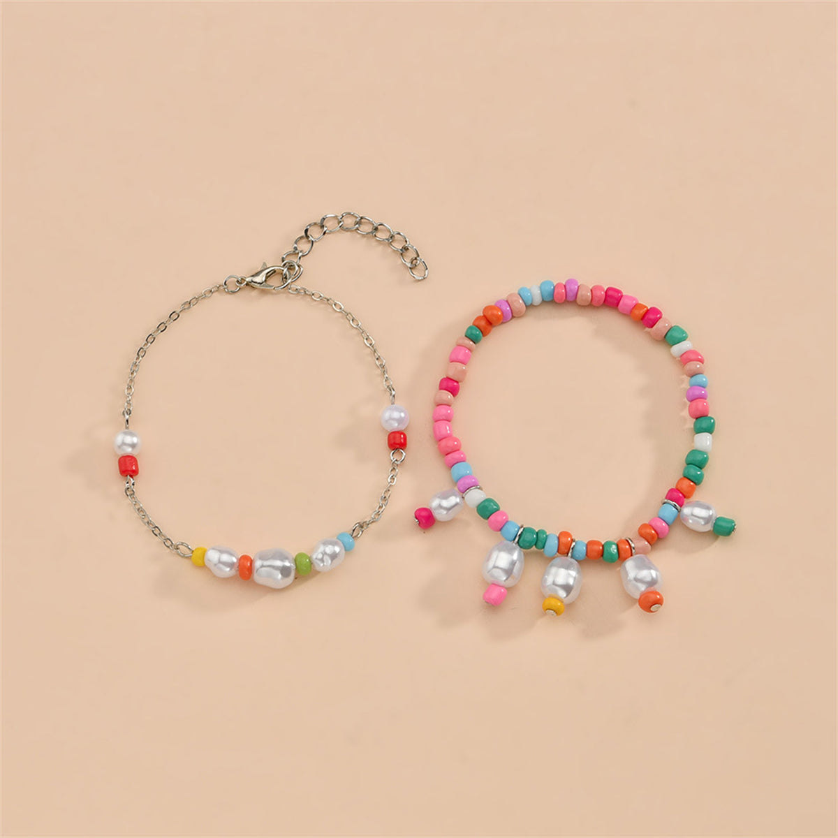Multicolor Howlite and Pearl Silver-Plated Stretch Bracelet Set, jewelry gift sets for women, detail close-up