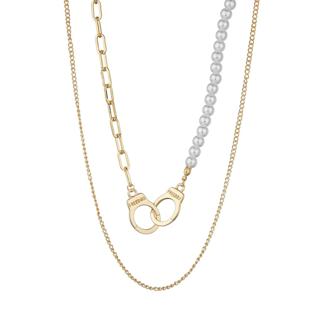 Elegant layered necklaces: one with a gold chain and the other a pearl necklace, featuring a gold handcuff pendant.