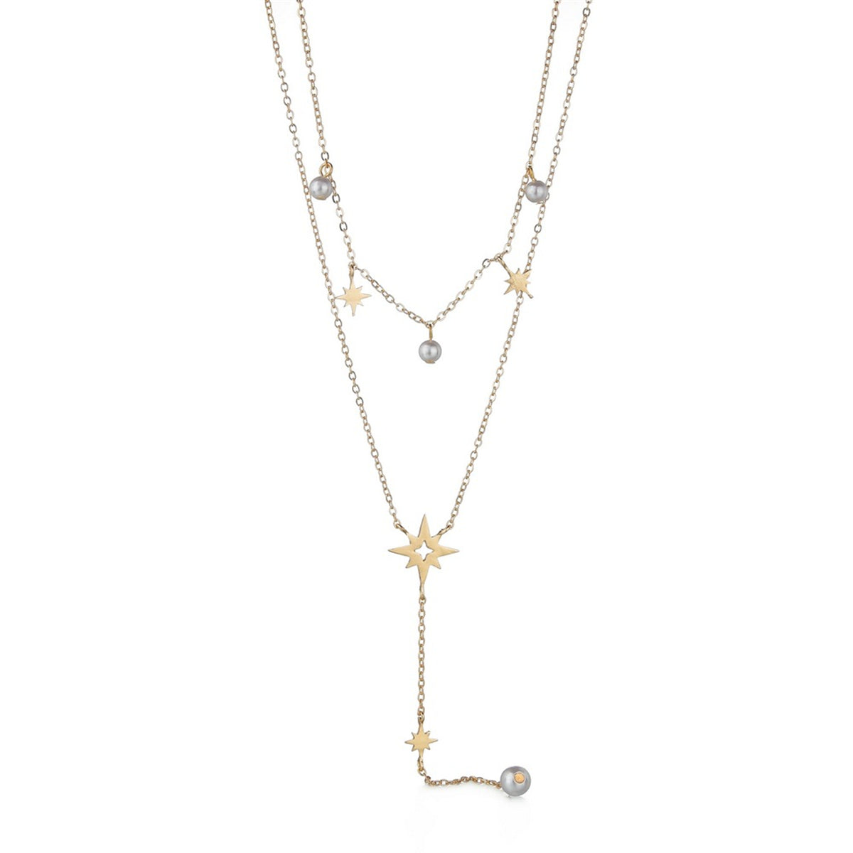 Elegant 18K gold-plated star lariat necklace with a star and two sparkling diamonds.