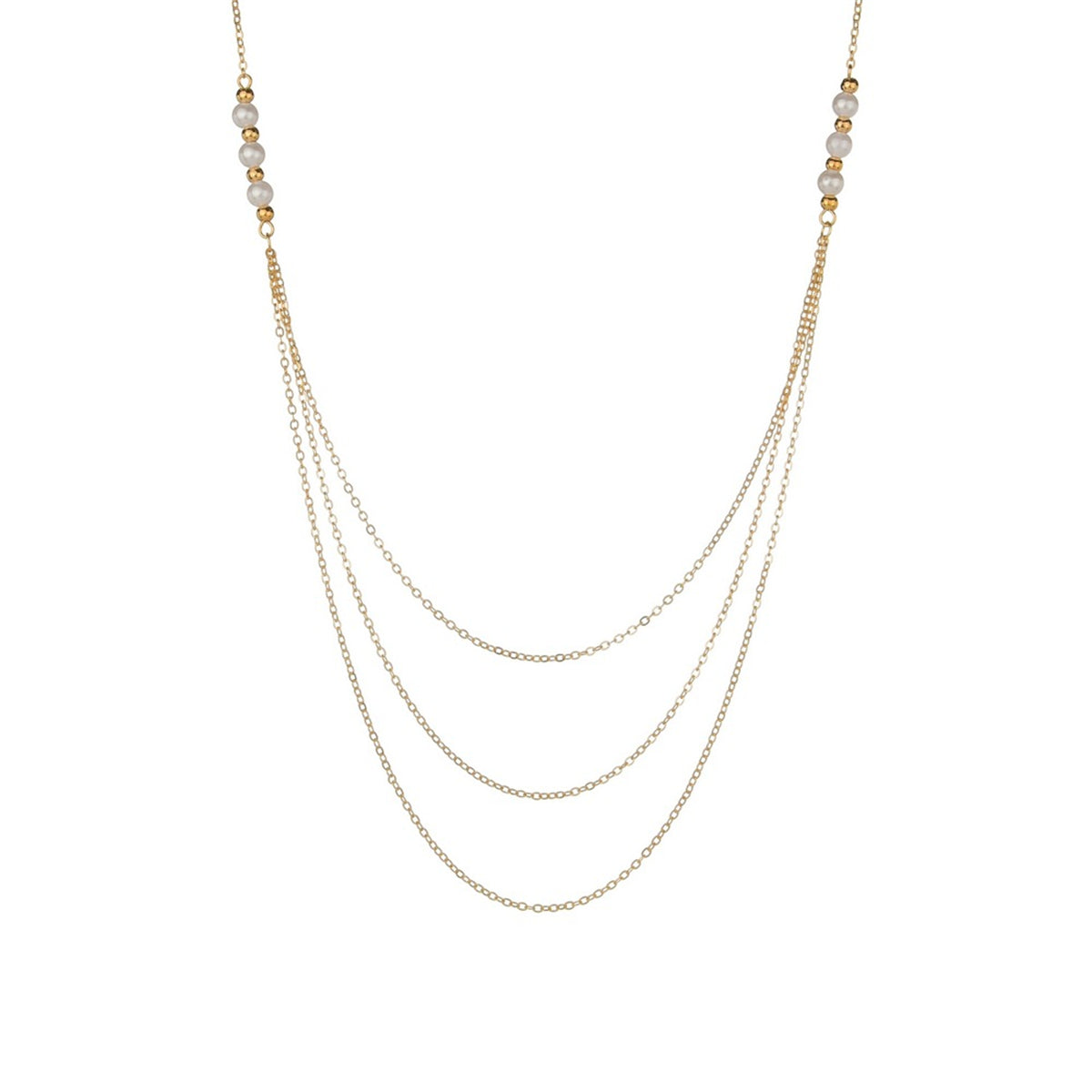 A stunning pearl and 18K gold-plated necklace with three rows of shimmering diamonds, perfect for any occasion.