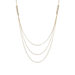 A stunning pearl and 18K gold-plated necklace with three rows of shimmering diamonds, perfect for any occasion.