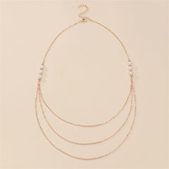 Exquisite layered necklace in 18K gold plating, embellished with three rows of diamonds and elegant pearls.