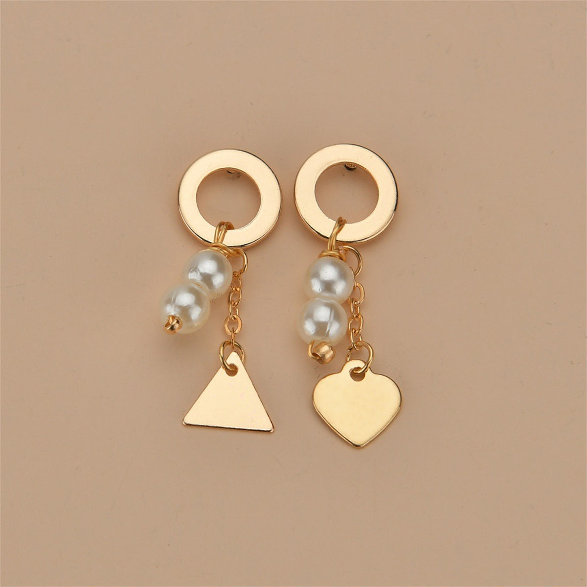 Pearl & 18K Gold-Plated Heart Triangle Mismatching Drop Earrings