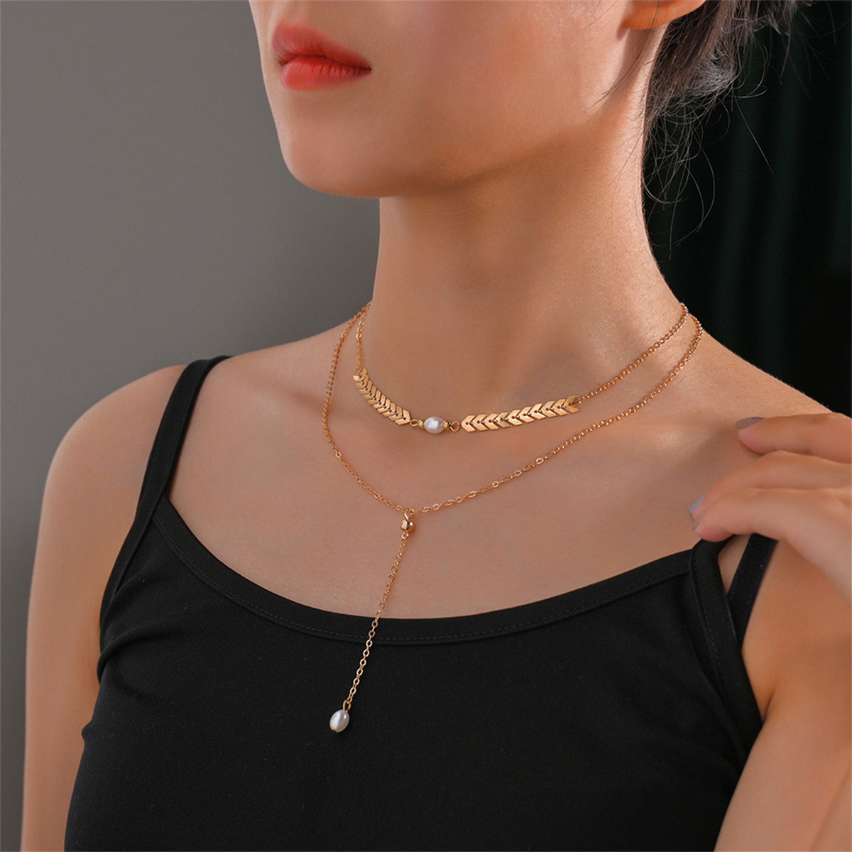 Pearl and 18K Gold-Plated Wheat Ear Chain-Drop Layered Necklace, gold pendant necklace for women, everyday style, front view