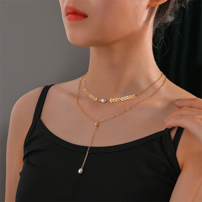 Pearl and 18K Gold-Plated Wheat Ear Chain-Drop Layered Necklace, gold pendant necklace for women, everyday style, front view