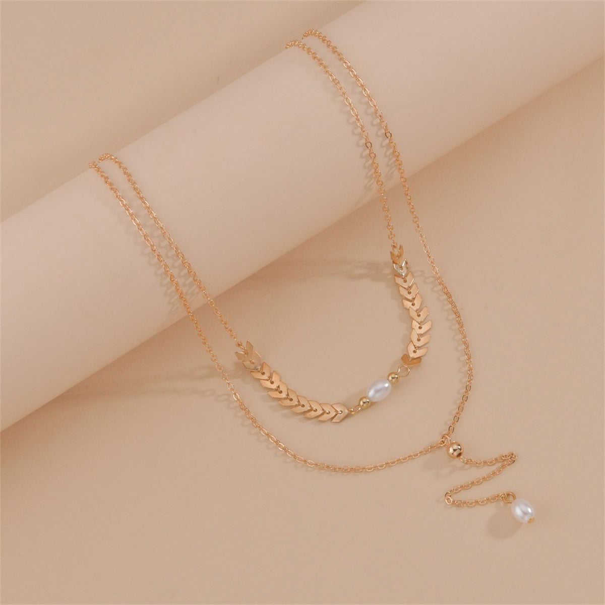Pearl and 18K Gold-Plated Wheat Ear Chain-Drop Layered Necklace, gold pendant necklace for women, everyday style, side view