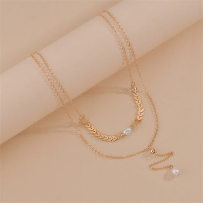 Pearl and 18K Gold-Plated Wheat Ear Chain-Drop Layered Necklace, gold pendant necklace for women, everyday style, side view