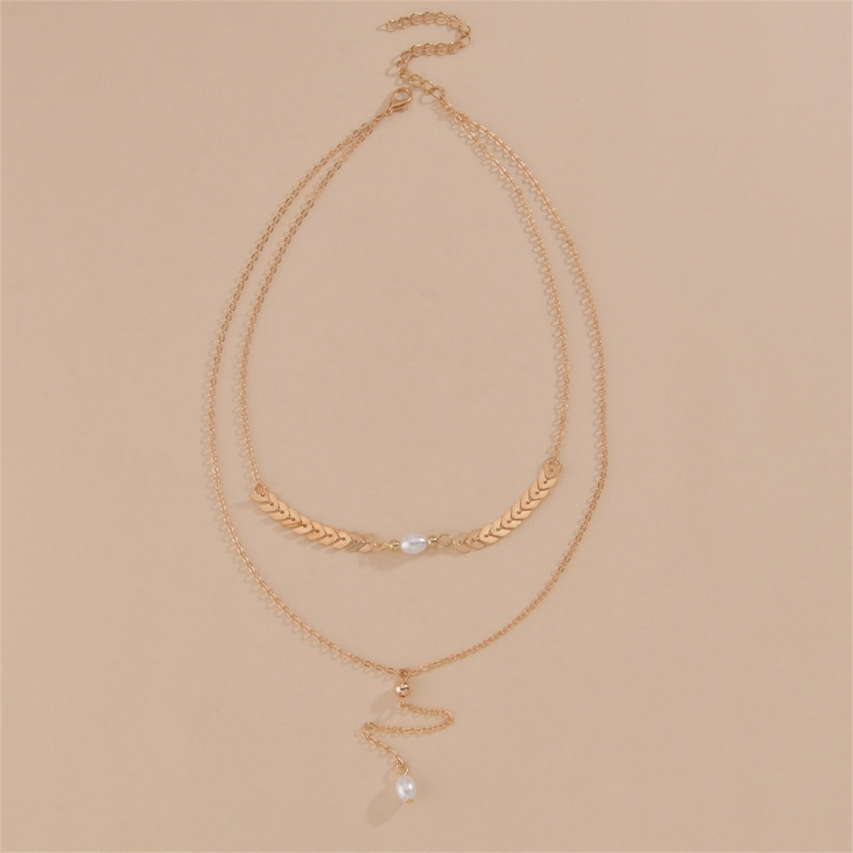 Pearl and 18K Gold-Plated Wheat Ear Chain-Drop Layered Necklace, gold pendant necklace for women, detail close-up