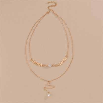 Pearl and 18K Gold-Plated Wheat Ear Chain-Drop Layered Necklace, gold pendant necklace for women, detail close-up