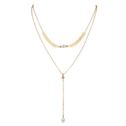 Pearl and 18K Gold-Plated Wheat Ear Chain-Drop Layered Necklace, gold pendant necklace for women, lifestyle look