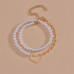 Pearl & 18K Gold-Plated Heart Layered Bracelet