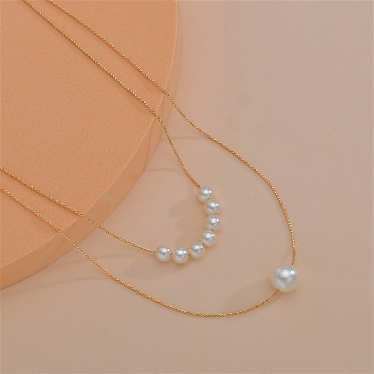 Pearl and 18K Gold-Plated Beaded Layered Necklace, gold pendant necklace for women, vintage-inspired design, detail close-up