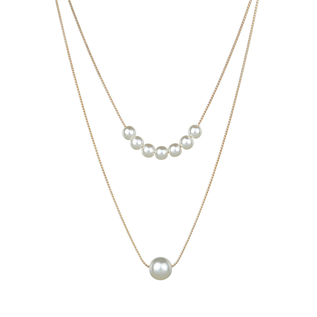 A stunning layered necklace featuring two strands of pearls on a gold chain, crafted with 18K gold plating.