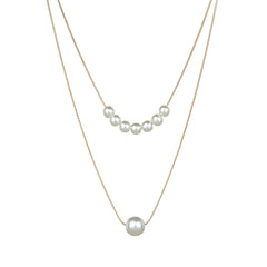 A stunning layered necklace featuring two strands of pearls on a gold chain, crafted with 18K gold plating.