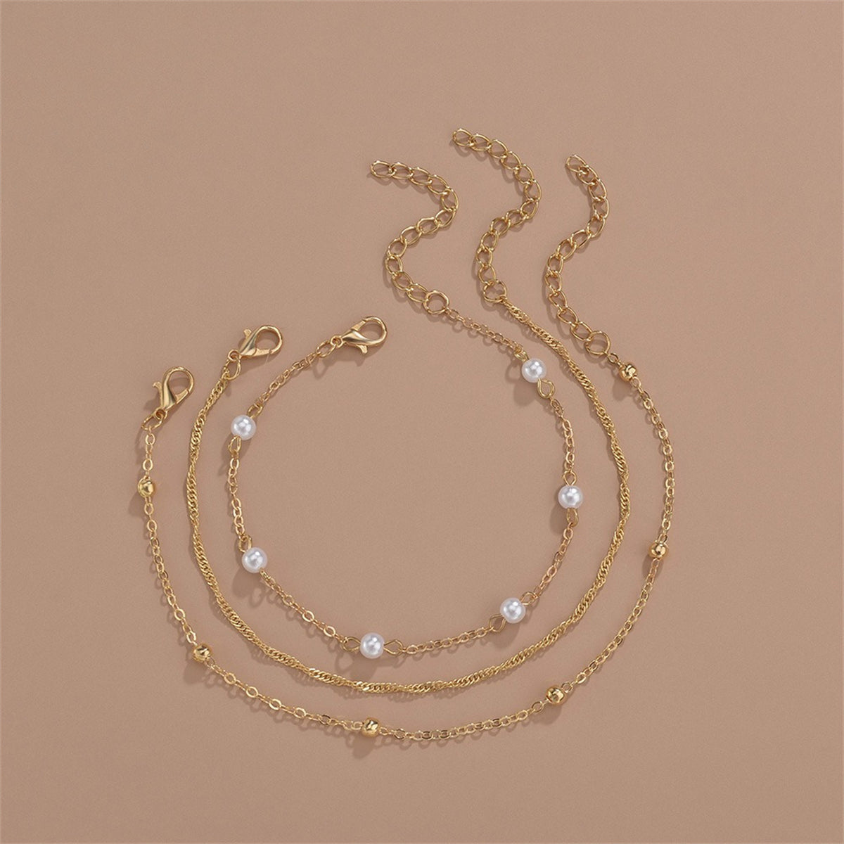 Pearl & 18K Gold-Plated Beaded Chain Anklet Set