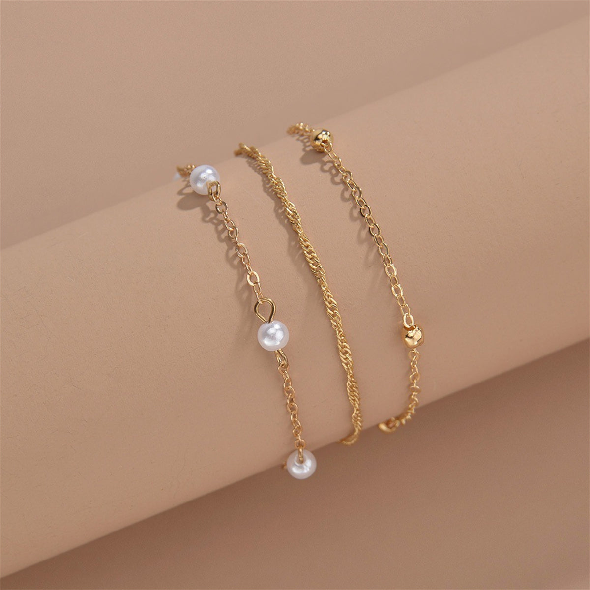 Pearl & 18K Gold-Plated Beaded Chain Anklet Set