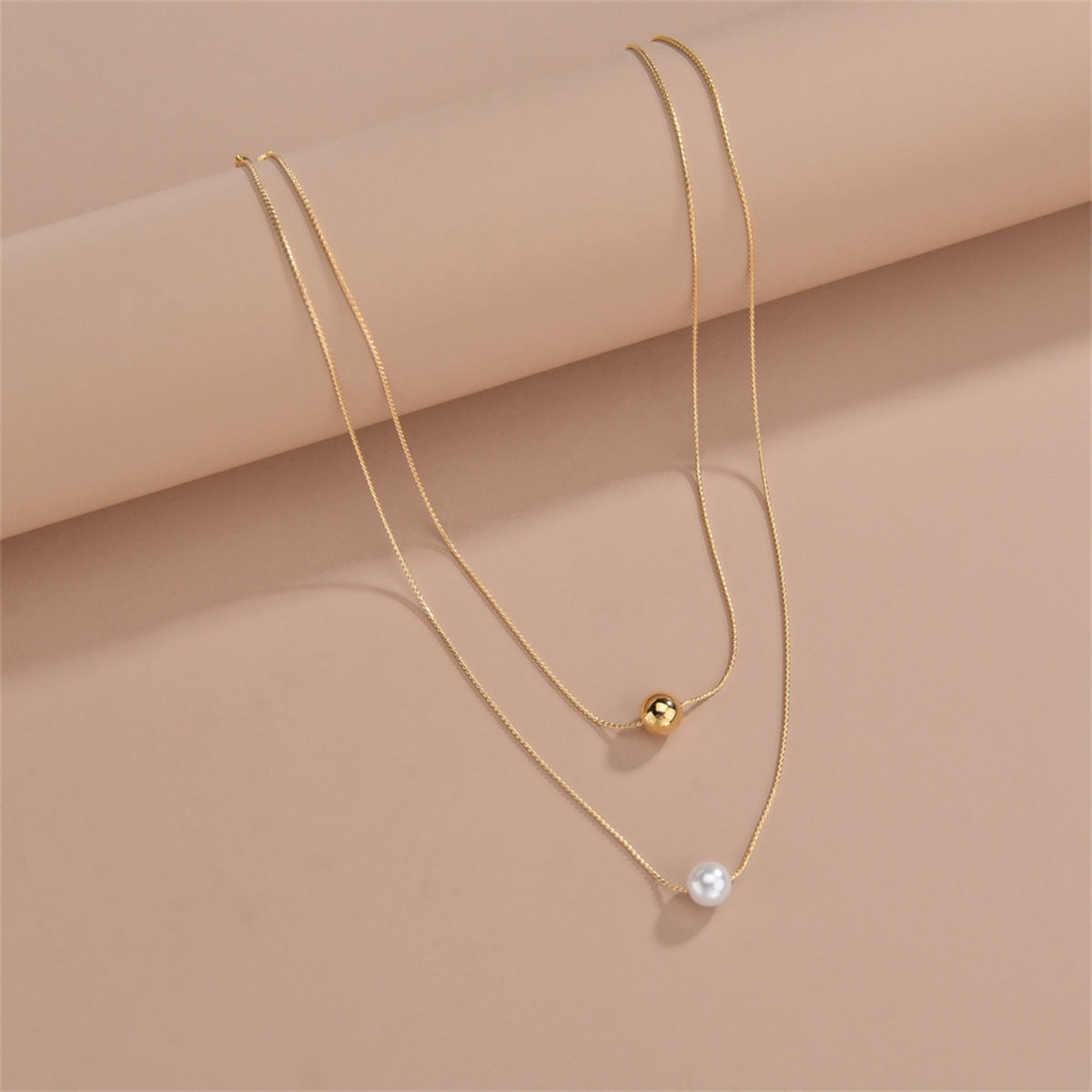 Pearl and 18K Gold-Plated Bead Layered Necklace, gold pendant necklace for women, botanical inspired, side view