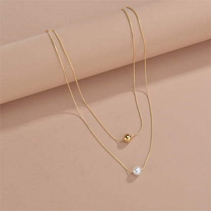 Pearl and 18K Gold-Plated Bead Layered Necklace, gold pendant necklace for women, botanical inspired, side view