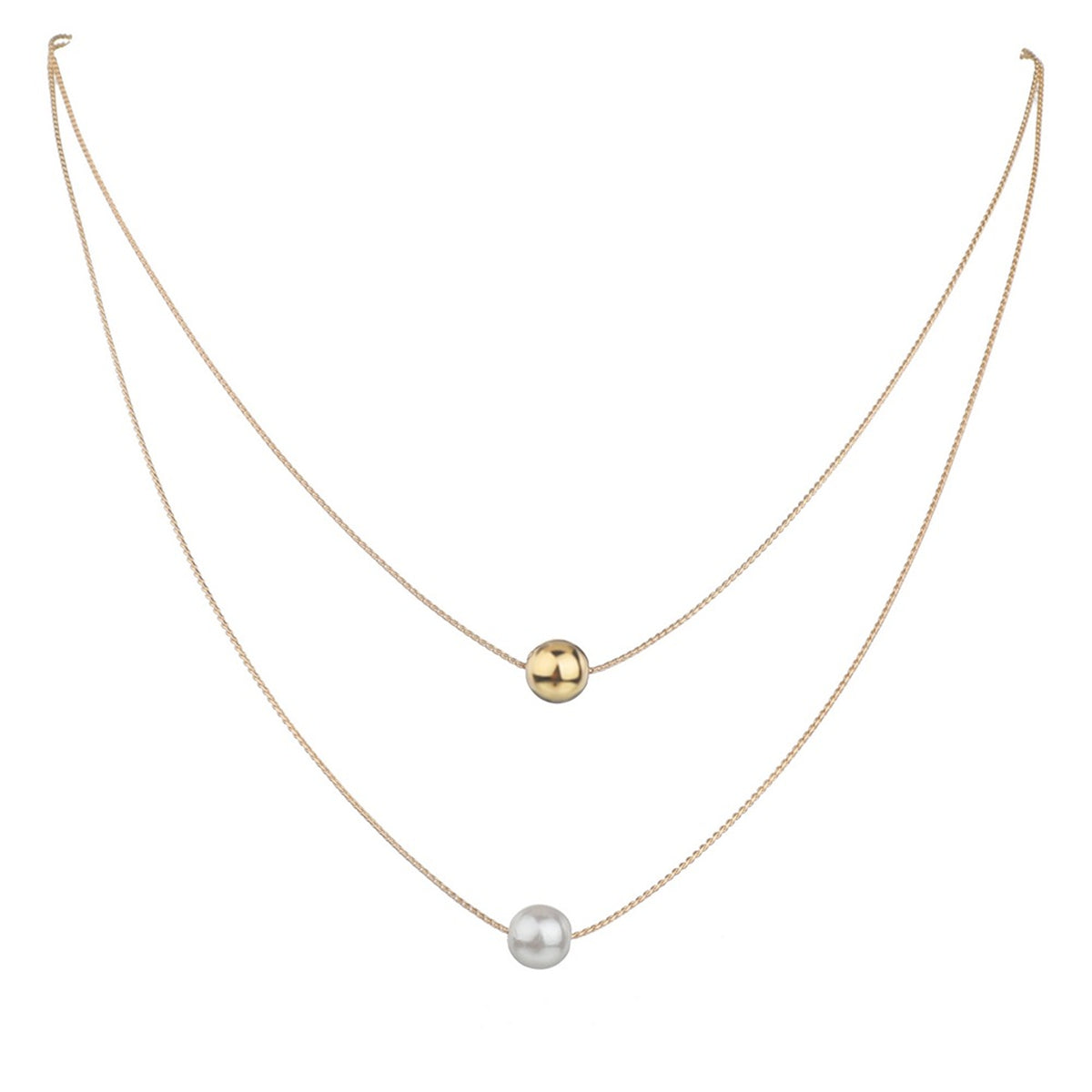 Two gold and white pearls on a chain, forming a sophisticated layered necklace with 18K gold-plated beads.