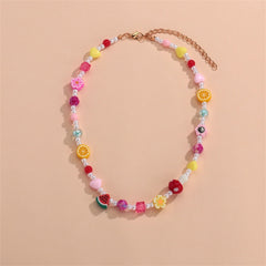 Crystal & Pearl Multicolor Polymer Clay Flower Fruit Station Necklace