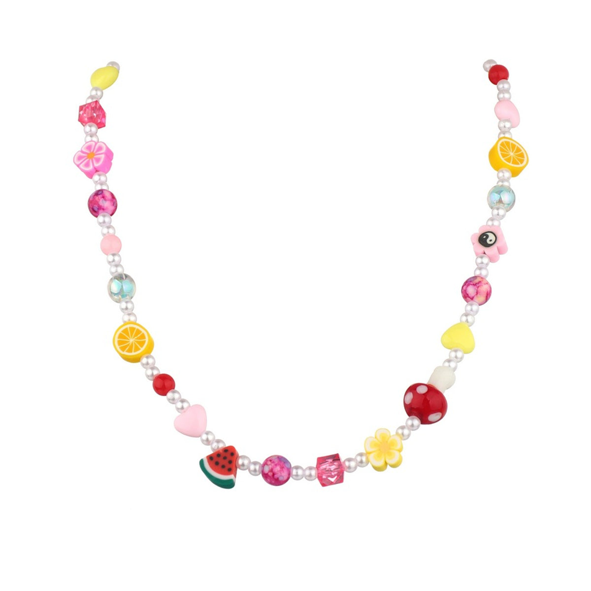 Crystal & Pearl Multicolor Polymer Clay Flower Fruit Station Necklace