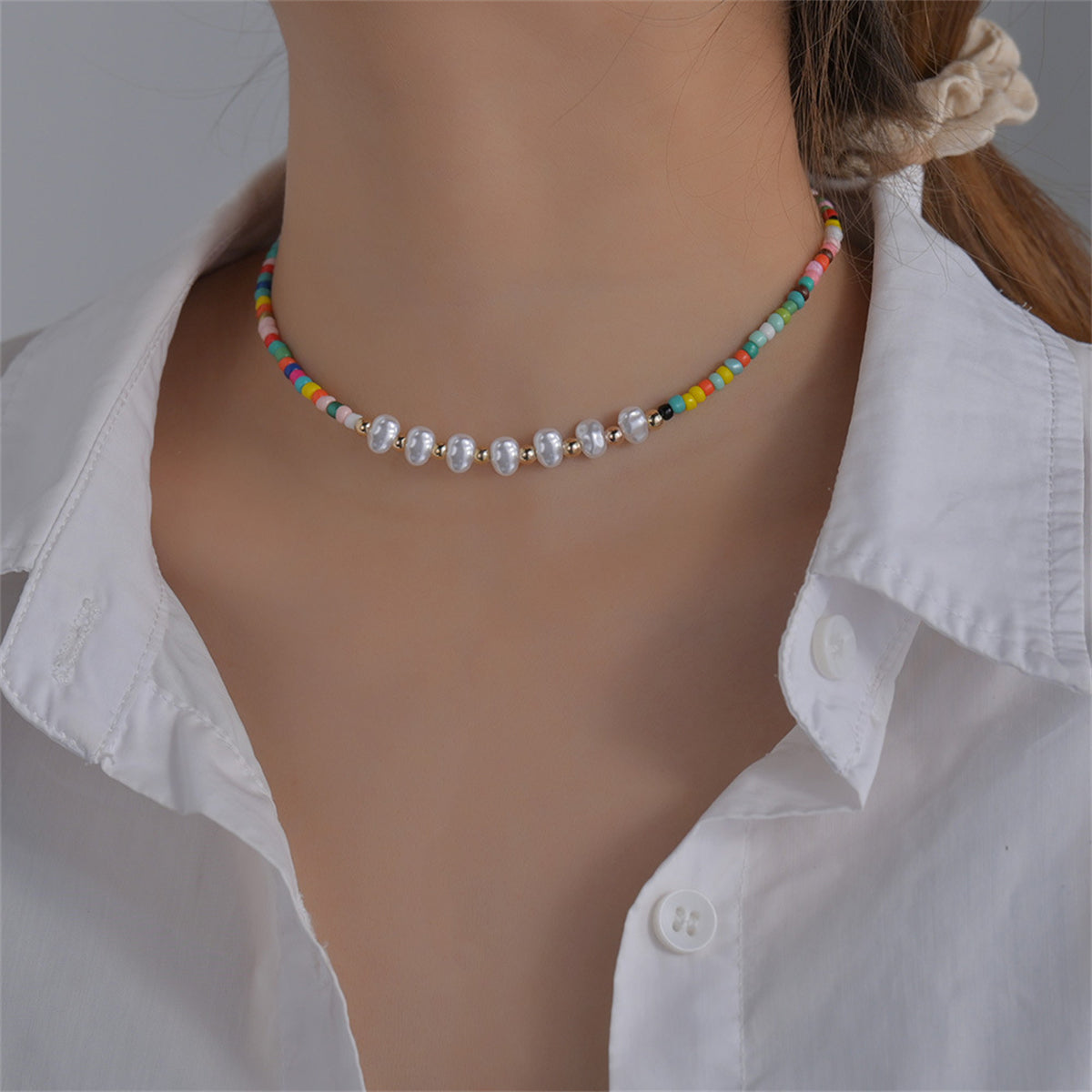 Pearl and Red Multicolor Howlite 18K Gold-Plated Choker Necklace, chunky gold choker necklace, front view