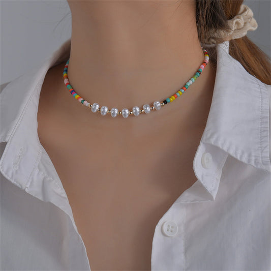 Pearl and Red Multicolor Howlite 18K Gold-Plated Choker Necklace, chunky gold choker necklace, front view