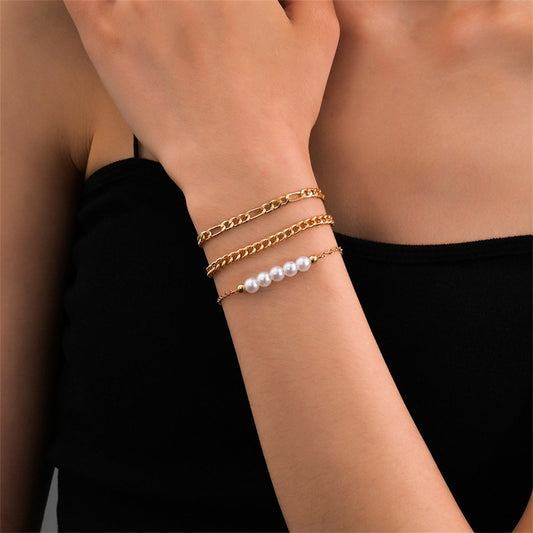 Pearl and 18K Gold-Plated Chain Bracelet Set, jewelry gift sets for women, vintage-inspired design, front view