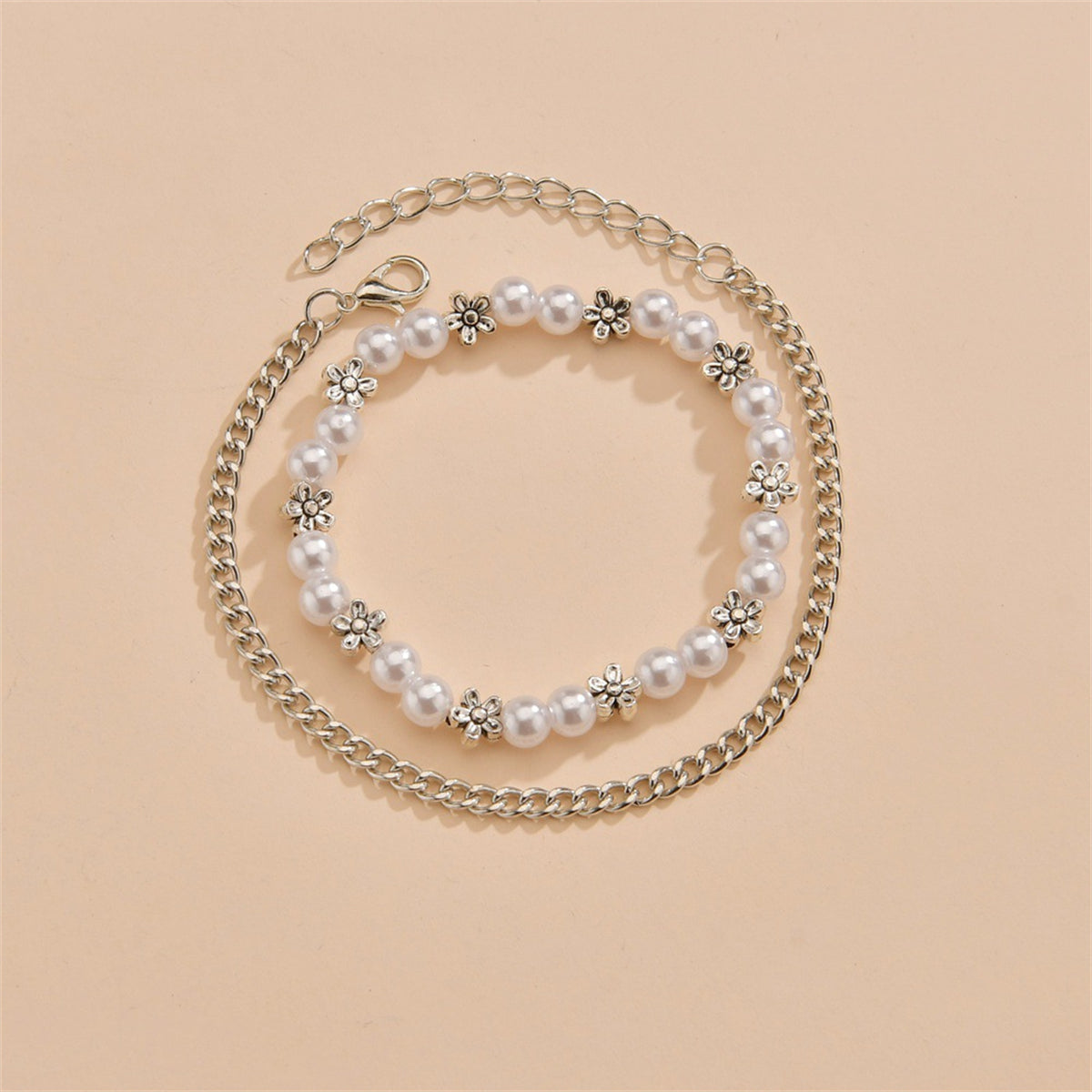 Pearl & Silver-Plated Floral Stretch Bracelet Set