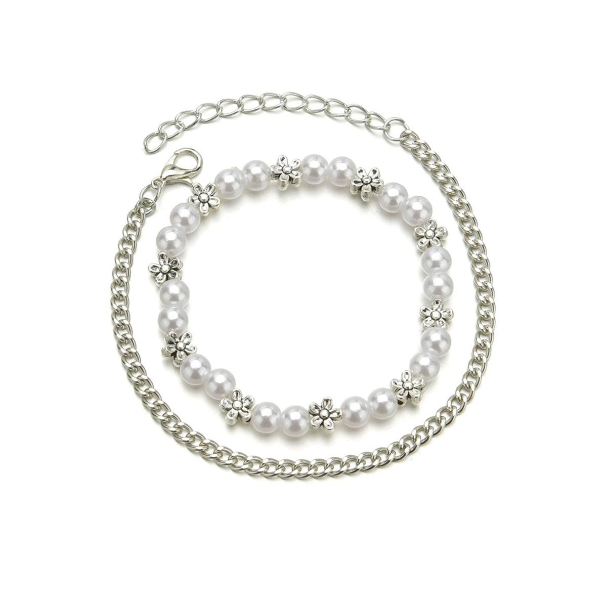 Pearl & Silver-Plated Floral Stretch Bracelet Set