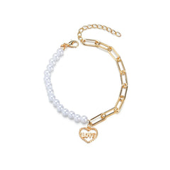 Pearl & 18K Gold-Plated 'Love' Heart Charm Bracelet