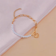 Pearl & 18K Gold-Plated 'Love' Heart Charm Bracelet