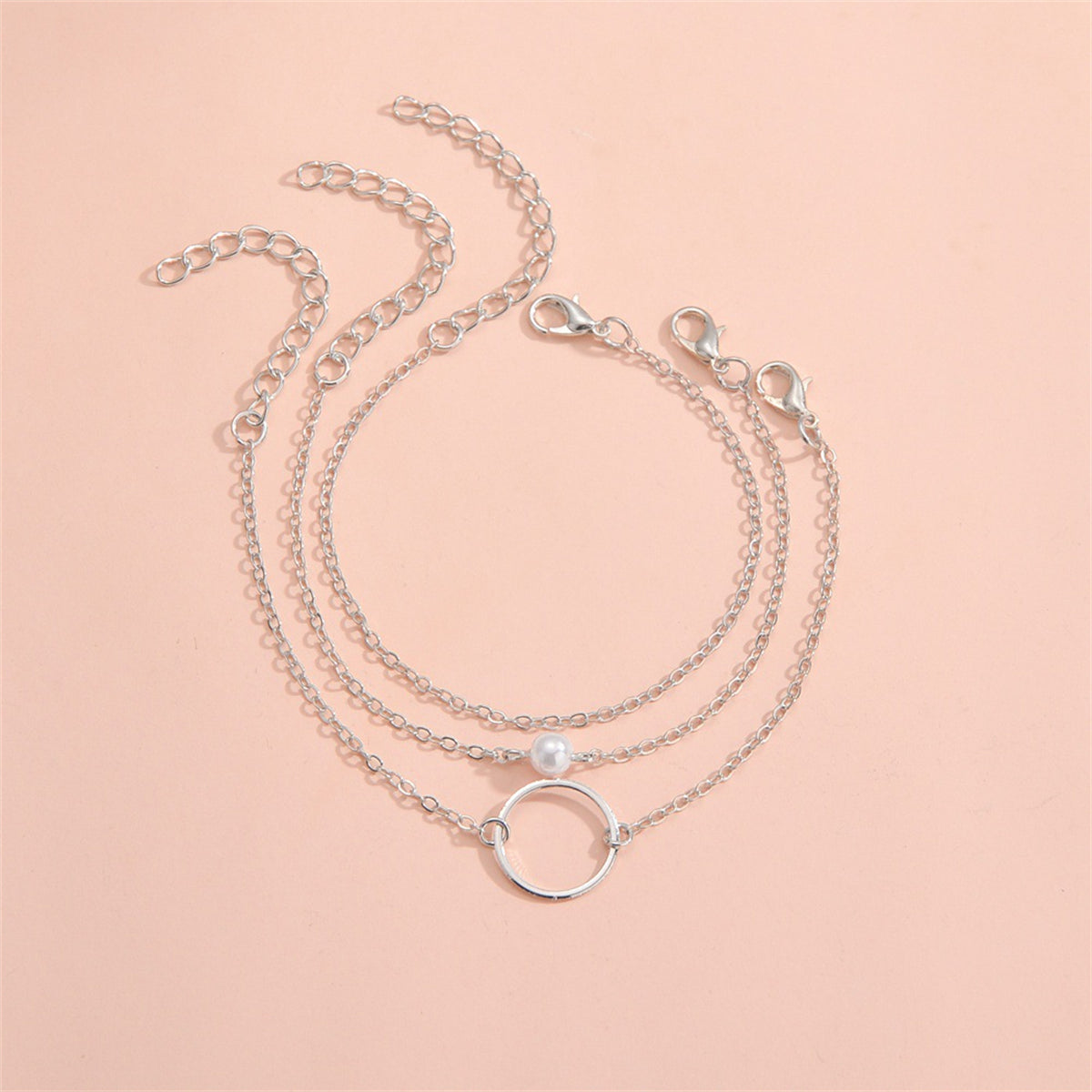 Pearl & Silver-Plated Circle Charm Bracelet Set