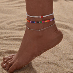 Rainbow Polyster & Pearl 18K Gold-Plated Beaded Anklet Set