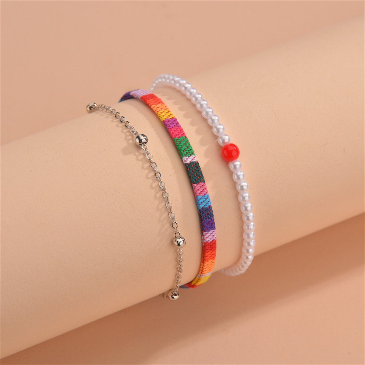 Rainbow Polyster and Pearl 18K Gold-Plated Beaded Anklet Set, jewelry gift sets for women, vintage-inspired design, side view