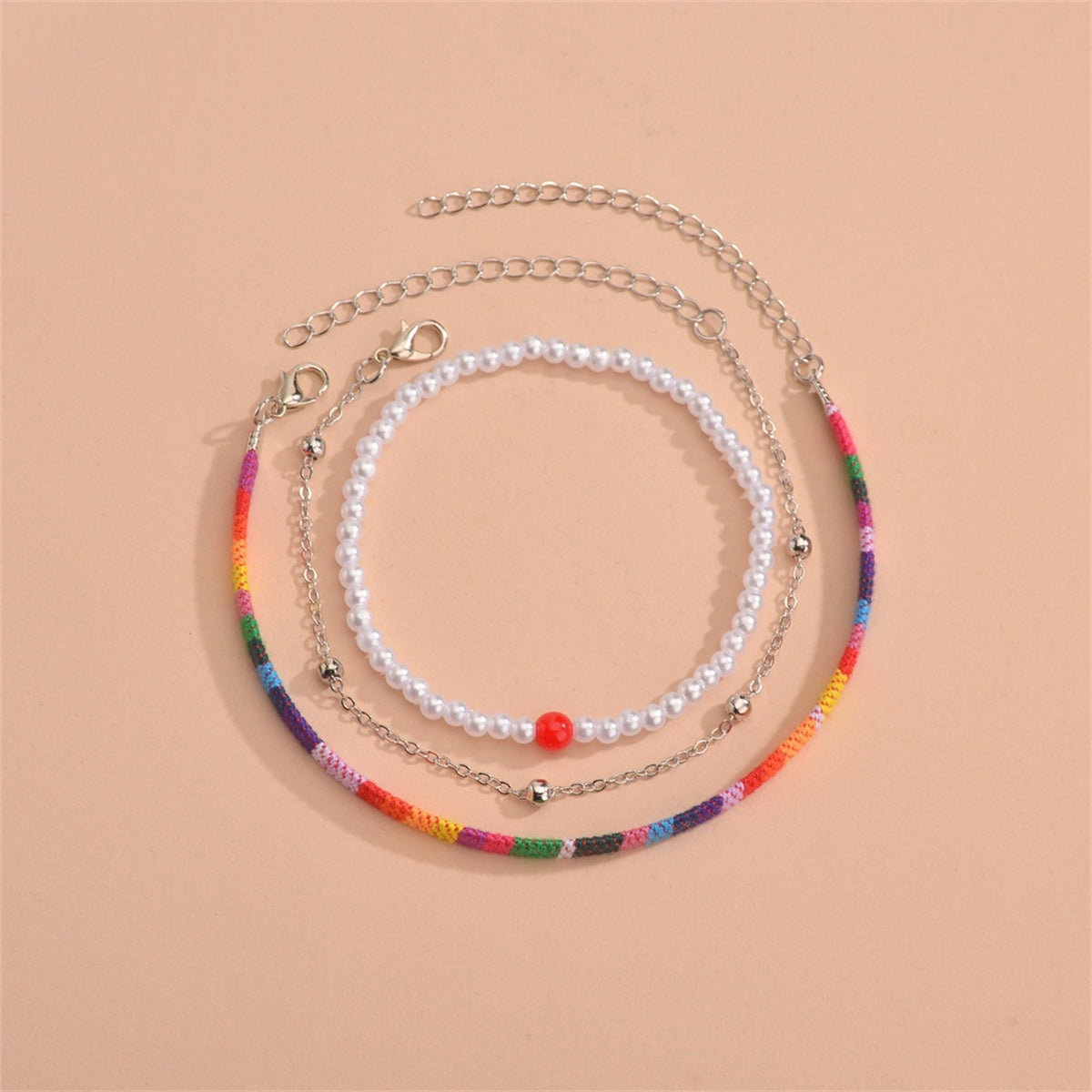 Rainbow Polyster and Pearl 18K Gold-Plated Beaded Anklet Set, jewelry gift sets for women, detail close-up