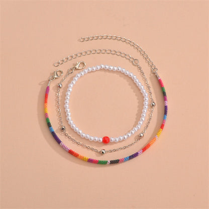 Rainbow Polyster and Pearl 18K Gold-Plated Beaded Anklet Set, jewelry gift sets for women, detail close-up